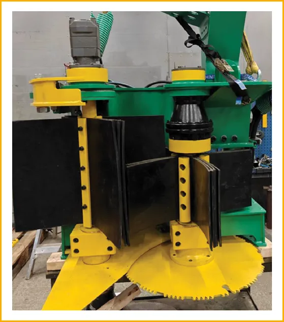 StemMaster collecting system close-up — yellow saw disc with green frame